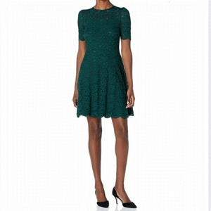 LARK & RO Deep Green Fit and Flare Crew Neck Sheath Stretch Lace Mini Dress